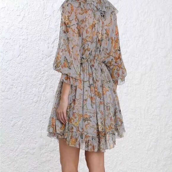Auth Zimmermann Blue Floral Print Crinkled Chiffon Ruffled Drawstring Dress XS - Picture 5 of 10